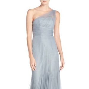 Monique Lhuillier One-Shoulder Tulle Trumpet Gown